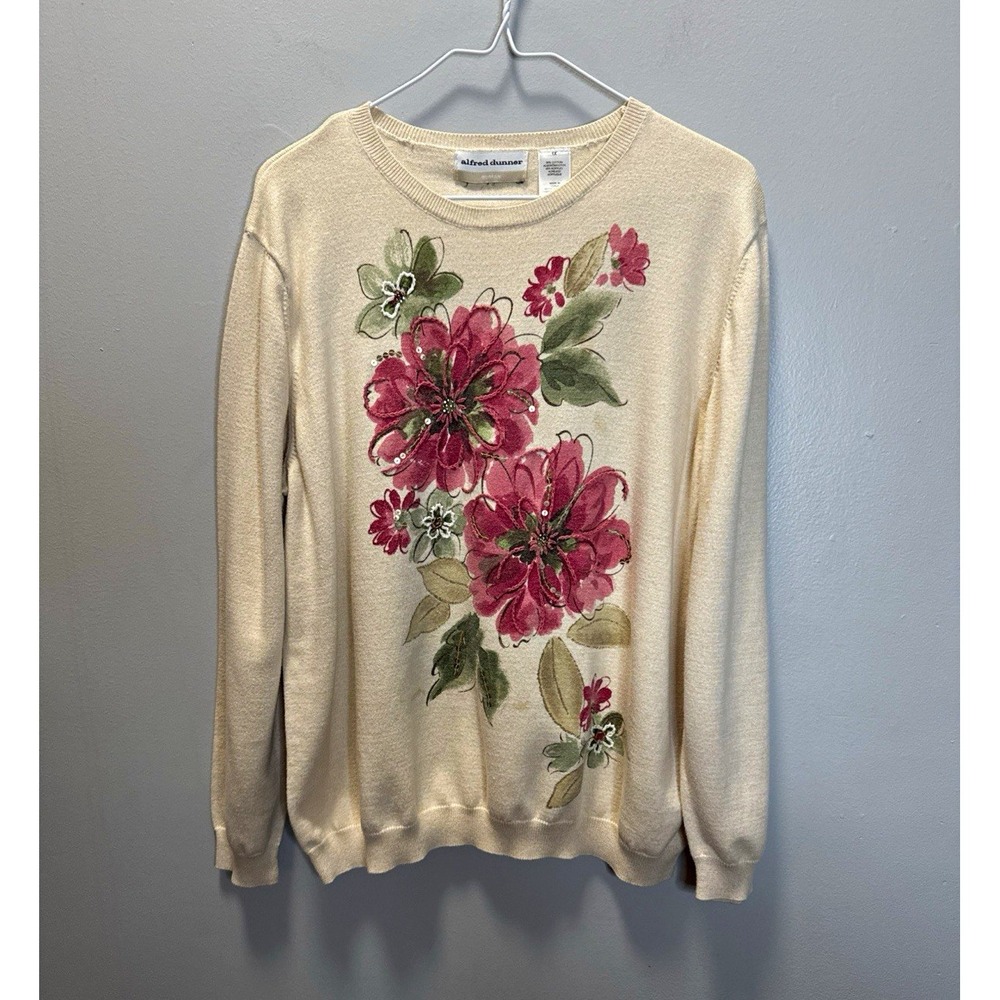 Alfred Dunner Sweater Women 1X Beige Knit Floral Sequin Crew Pullover Wash Wear
